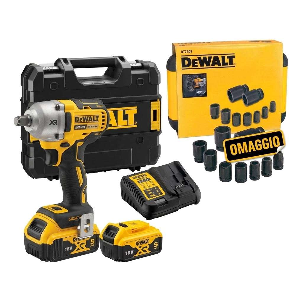 Avvitatore a Impulsi 18V 5Ah DCF891P2T | OMAGGIO Kit Bussole DT7507 - DEWALT
